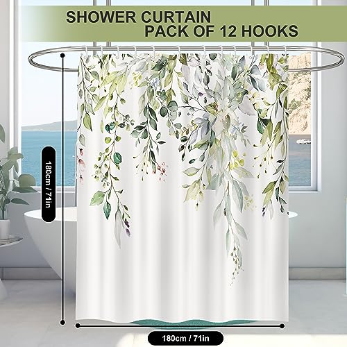 Minicoco Shower Curtain Green Shower Curtains Mould Proof Resistant Waterproof Shower Curtain 100% Polyester Bathroom Shower Curtains with 12 Hooks, 180 x 180 cm (Green Leaves) - Image 2