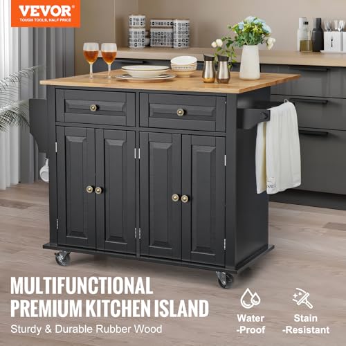 VEVOR-Kitchen-Island-Cart-35-Wood-Top-Mobile-Carts-with-Storage-Cabinet-Rolling-Table-with-Drop-Leaf-Spice-Rack-Towel-Bar-Adjustable-Shelf-Drawer-and-Hooks-Portable-Islands-on-Wheels-Black