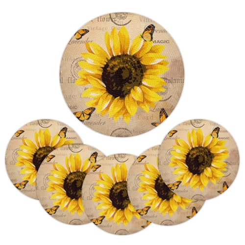 Mintoprints Juego de 6 manteles individuales redondos trenzados con diseño de girasol, 38 cm, lavables para mesa de cocina y comedor