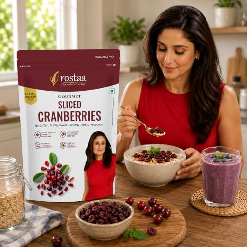 Image of Rostaa Gourmet Sliced Cranberries 200g | Premium Dried Cranberries Rich in Antioxidants, Fiber & Vitamin C | Supports Immunity, Digestion & Heart Health | 100% Natural Healthy Snack (1000 GM)