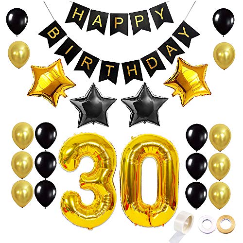 Juland Or et Noir Set de 30 Ballons d'anniversaire Kit de décoration de fête Bannière Joyeux Anniversaire Décoration Ballon en Latex Ballons Etoiles Ballons numéro 30 en Or Cover