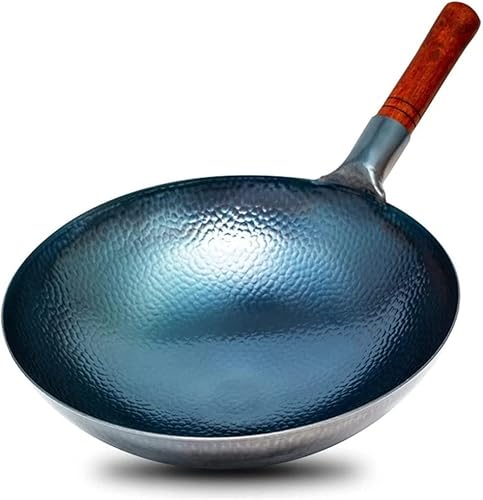 EDDGE Wok chino tradicional utensilios de cocina de hierro fundido acero al carbono parte inferior redonda mango de madera de haya antiquemaduras