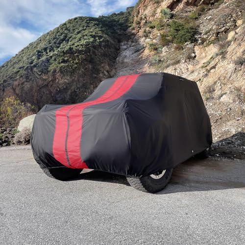 Image of iCarCover Custom SUV Cover for Suzuki Vitara (1999-2004) Waterproof All-Weather Rain Snow UV Sun Protector Full Exterior Indoor Outdoor Car Cover (Stripe - Black /Red)