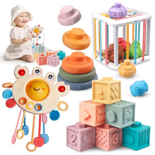 Jouet Montessori Bebe 4 en 1 – Corde à Tirer Jouets Sensoriels, Cube Souples a Empiler, Bébé Anneaux à Empiler, Cube Montessori Bebe – Jouets D&rsquo;éducation Précoce, Cadeaux pour Bébés