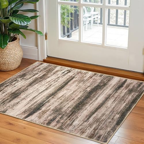 KOZYFLY Modern Abstract Small Area Rugs, 2x3 Washable Kitchen Rug Non-Slip Soft Small Bathroom Rug, Blush Brown Striped Entryway Rugs Abstract Print Faux Wool Doormat for Bedside Entrance Bedroom Sink