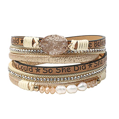 Artilady Leather Wrap Bracelets for Women - Pearl Bracelets Handm...