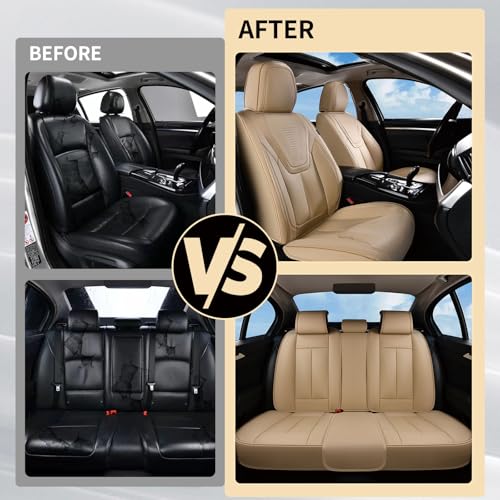 Image of FLORICH Automotive Seat Covers, Beige Car Seat Cover Full Set, Luxury Faux Nappa Leather Automotive Seat Protectors, Car Seat Cushions Universal Fit for Most Sedans SUVs Trucks - Beige