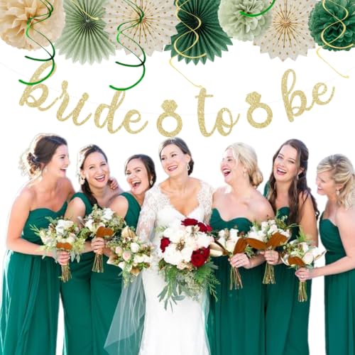 Image of Champagne Sage Green Bachelorette Bridal Shower Party Decorations Huglony | 21pcs Women Bride To Be Paper Streamers Lanterns,Bridal Shower Banner Garland,Flower Tissue Pom Poms Fan Favors Wedding Decor