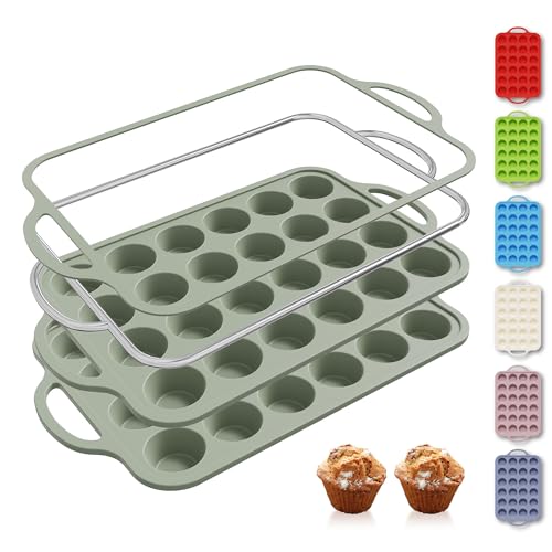 2 Packs 24 Cups Silicone Muffin Pan with Metal Reinforced Frame Mini Size Cupcake Pan Tray Egg Bites...