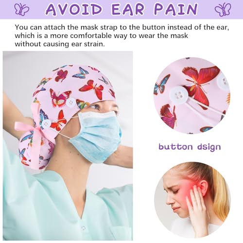 Image of 6 Pcs Scrub Caps for Women Doctor Nursing Hats with Buttons Adjustable Tie Back Working Cap Bouffant Scrub Hats for Women Men