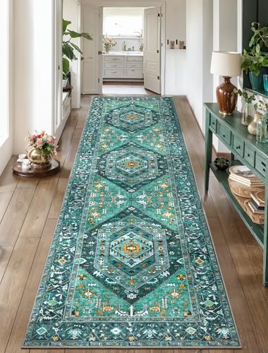 SERISSA Boho Washable Runner Rug, 2'6"x10' Long Rug Runner Non-Slip Vintage Teal Hallway Kitchen Stair Runner Rug Ultra Soft Print Distressed Floor Carpet Runner for Bedroom Bathroom Laundry Room