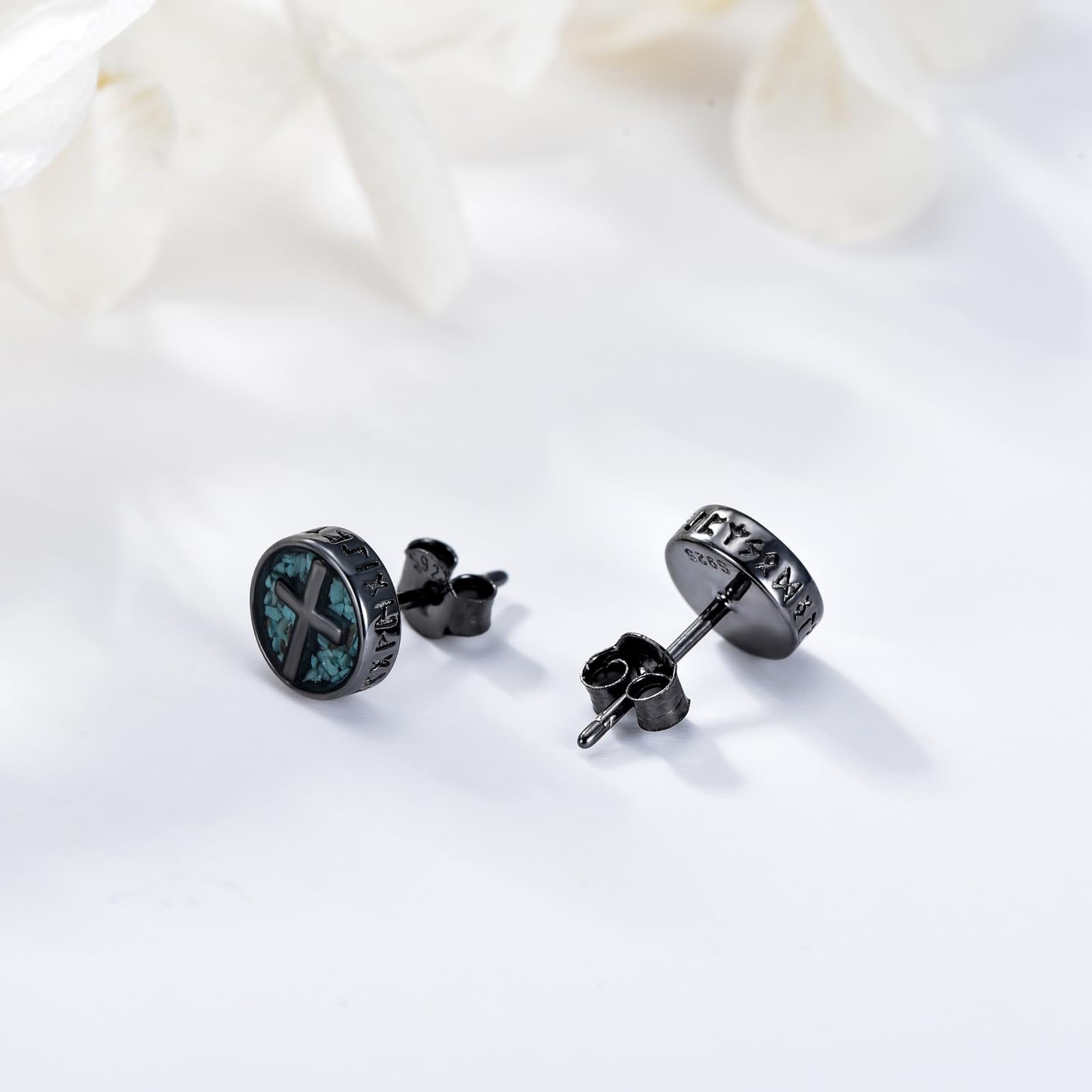 Midir&Etain Kreuz/Ankh/Frieden/Wikinger Ohrstecker für Herren Damen 925 Sterling Silber Schwarz Ohrringe mit Türkis Schmuck Geburtstags Vatertag Geschenk für Vater Jungen