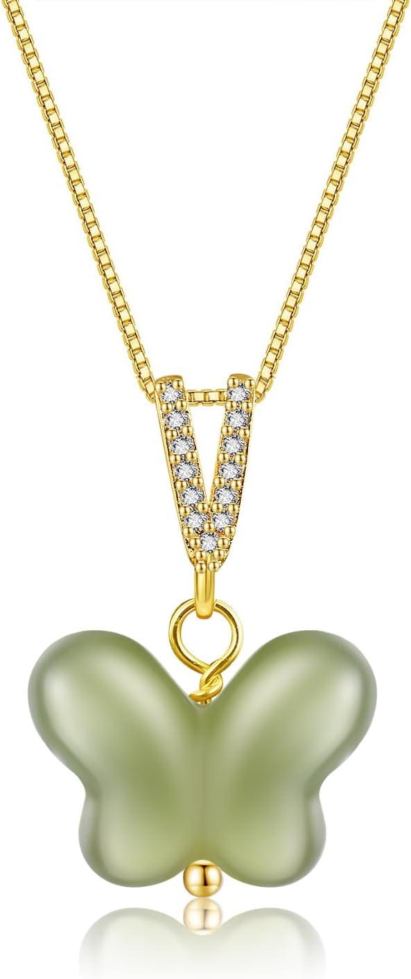 Natural Hetian Jade Necklace for Women, Small Carved Butterfly Pendant Necklace Green Exquisite and Delicate Jewelry Chain for Her Gift (925 Sterling Silver with Real Gold Plated)