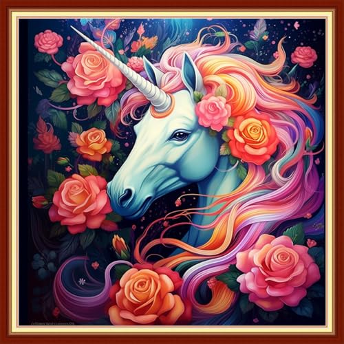 Image of Magxvouy Cross Stitch Kits Stamped Full Range of Embroidery Kits,Cross Stitch Patterns Needlework Kits for Beginners 11CT Printed Kits&Colorful Unicorn 18x18 inch