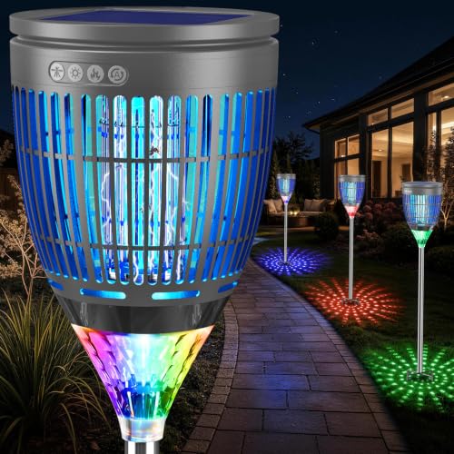 Image of All in 1 Solar Bug Zapper Outdoor, Flame & Projection Mode, Auto /Manual Modes, 4200V Electric Mosquito Killer with High Powered, IPX5 Waterproof Rechargeable Fly Insect Trap for Patio Garden Yard RV