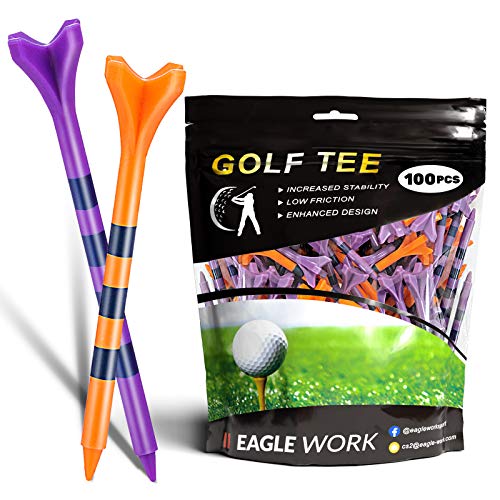 EAGLE WORK Plastic Golf Tees, Pack of 100(3-1/4'' & 2-3/4'') 4 Prongs Golf Tees, More Durable and Stable, Reduces Friction & Side Spin Plastic Tees