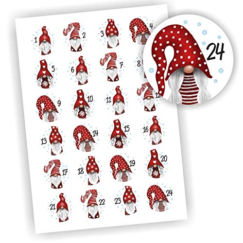 24 Aufkleber Adventskalender Zahlen Fest Weihnachten Aufkleber Sticker DIY Wichtel rote Mütze