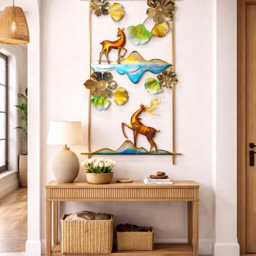 Image of Framing Hub Metal Multicolor Big Deer Leaf Wall Art Decor Vertical Frame | Artistic Wall Hanging for Home Living Room Office (Size 26x48 Inch)