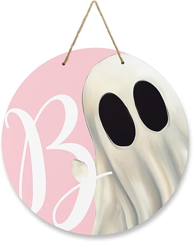 Letrero de bienvenida para decoración de puerta delantera, Halloween, fantasma, rosa, 10 pulgadas, coronas, letrero colgante, decoración navideña