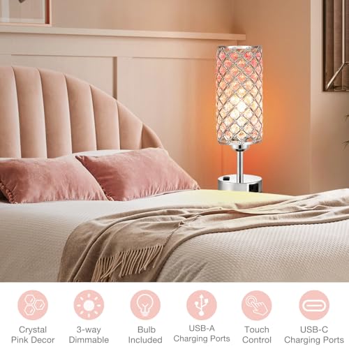 Image of Hong-in Pink Crystal Lamp Set of 2, 3 Way Dimmable Touch Lamp for Bedroom with Crystal Shade, Bedside Nightstand Lamps for Living Room Bedroom Home Office