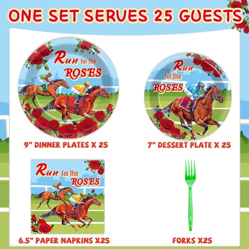 Image of Qyeahkj 100 Pcs Kentucky Party Supplies Derby Day Tableware Set Run for The Roses Party Plates Napkins Forks Disposable Horse Racing Decorations for Equestrian Enthusiasts Race Day Serves 25