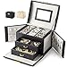 Boîte à bijoux Organisateur à bijoux avec 2 tiroirs Deux côtés Peuvent être Ouverts Coffre à Bijoux verrouillable avec Miroir,Boîte de Voyage Portable pour Bracelets,Boucles d'oreilles,Cadeau（Noir-S）