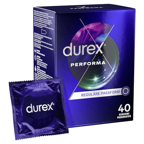 Durex Performa Kondome – Angenehmen Geruch, komfortablen Sitz und leichtes Abrollen – Mit 5% benzocainhaltigem Gel in der Kondomspitze – Befeuchtet & transparent – 40er Pack (1 x 40 Stück)