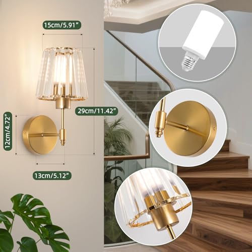 Image of EIDISUNY Battery Operated Crystal Wall Sconces Set of 2, Wireless Wall Lamp with RGB Rechargeable Dimmable Bulbs, Modern Wall Sconce with Remote for Bedroom, Living Room, Bulbs Included(Gold)