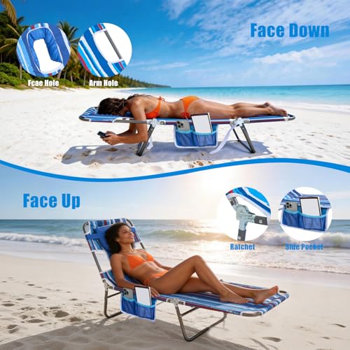 SunnyFeel Patio Lounge Chair, Outdoor Chaise Lounge, Reclining Beach Chair Adjustable Sunbathing Bed, Folding Garden Sun Lounger with Lay-Flat, Reading Hole, Arm Slots ＆ Pillow for Yard, Balcony, Pool by SUNNYFEEL - Image 6