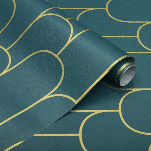 Image of VKR Modern Geometric Peel and Stick Wallpaper Roll | Self Adhesive Waterproof Vinyl Wall Covering for Bedroom, Living Room, Office, Cabinet & Furniture Decor (45 x 300cm, Teal Gold Pattern)