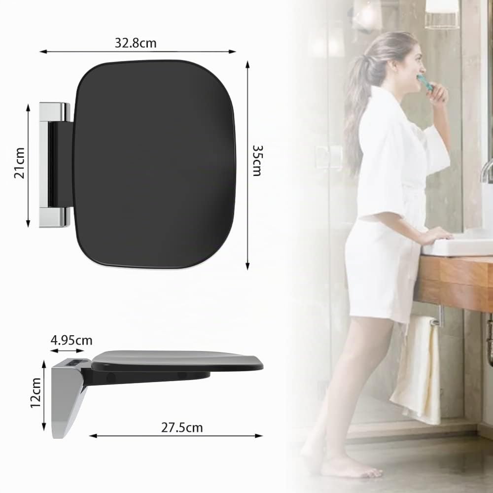 Asiento de Ducha Ultradelgado Ergonómico Plegable de Pared - 180kg Capacidad Antideslizante, para Adultos Mayores y Discapacitados, Negro