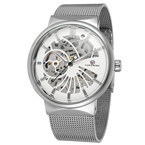 Image of FORSINING Men's Popular Mechanical Hand-Wind Ultra Thin Stainless Steel Bracelet Mesh Skeleton Watch