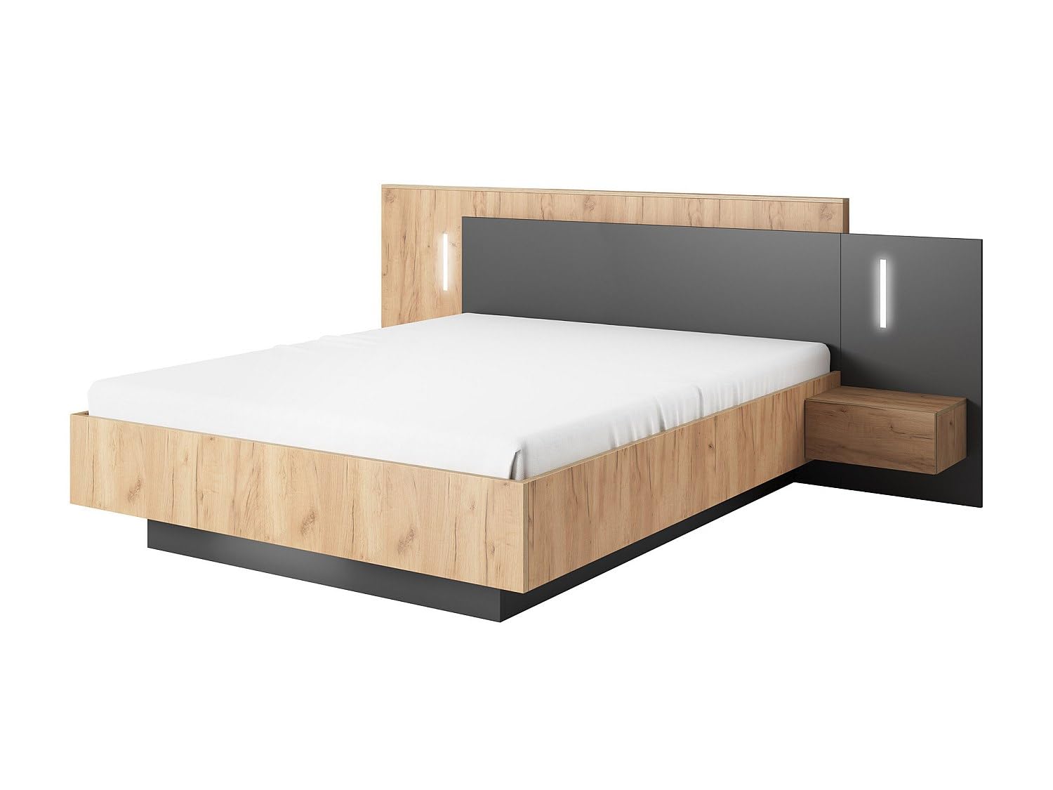 Vente-unique - Lit 140 x 190 avec sommier LED - Gris Anthracite, Naturel Clair - avec Tiroir - FRANCOLI