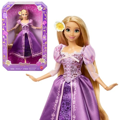 Mattel Disney Princesas Sparkling Princess Rapunzel Muñeca con Cabello Largo, Vestido extraíble y Accesorio para el Pelo con Flor, Inspirada en la película Enredados, JLM94