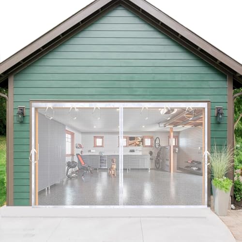 Image of Magnetic Garage Door Screen 16x7ft Mesh Net Curtain, Pets friendly, Retractable Fiberglass doors Cover Closure for Carport Patio sunroom balcony porch gazebo backyard greenhouse RV (White, for 16x7ft)