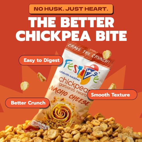 Image of Festive Chickpea Hearts - Crunchy Nacho Cheese Garbanzo Beans - Husk-Free Roasted Chickpea Snacks - Vegan Snacks with 5g Protein Per Serving Plant Based, Halal, Gluten Free, Dairy Free - 1oz 12 Pack