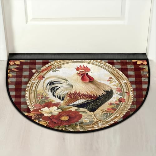 Image of Half Round Door Mat Vintage Plaid Rooster Chicken Non-Slip Semi Circle Area Rug Washable Half Moon Hearth Rugs for Indoor Outdoor Bathroom Kitchen Patio Runner Mat Laundry Room Home Decoration