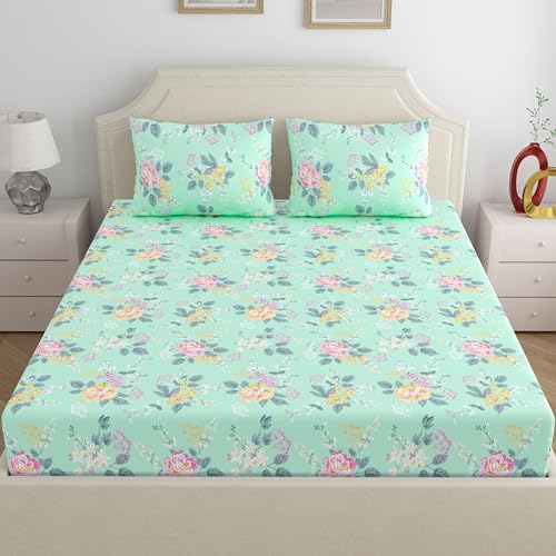 Image of Home Ecstasy 100% Cotton King Fitted Bedsheet with 2 Pillow Covers - (Size 72 x 78 inches, 140 TC, Colour - Seagreen: Sea Foam)