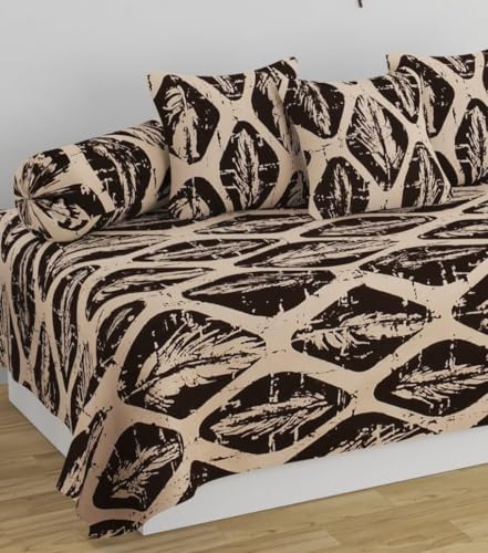 Image of Cotton Diwan Set Covers |8 Pieces Diwan Cover Set|300 TC Fabric| Pure Cotton Printed Deewan Set (1 Single Bedsheet, 2 Bolster Covers, 5 Cushion Covers)|Coffee Beige |SZDS 003