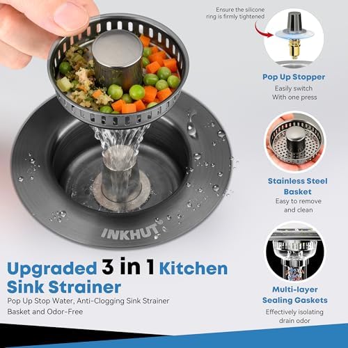 Upgraded 3 in 1 Kitchen Sink Drain Strainer - Stainless Steel Sink Stopper, Anti-Clogging Food Catcher Basket, Sink Bounce Core Drain Strainer Plug for US Standard 3 1/2 inch Drain (Dark Grey) - 1