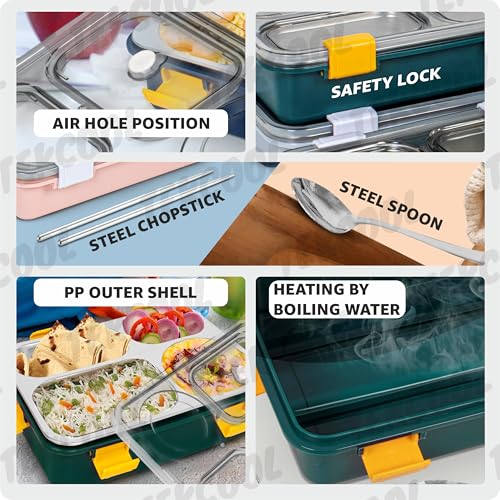 Image of TEKCOOL Lunch Box for Adults - Lunch Box for Kids with Spoon & Fork - Stainless Steel Lunch Box with 4 Compartment - Durable Perfect Size for On-The-Go Meal, BPA-Free