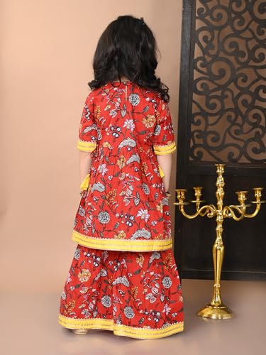 Image of superminis Girls Cotton Floral Printed Gota Patti Work Half Sleeves Sharara Suit