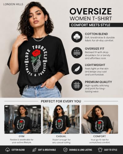 Image of London Hills Oversized Tshirt for Woman | t Shirt for Woman Oversized Fit Printed Round Neck | Tops for Woman's | Women t Shirt Loose Fit Drop Shoulder | t Shirts for Women | Western Tops