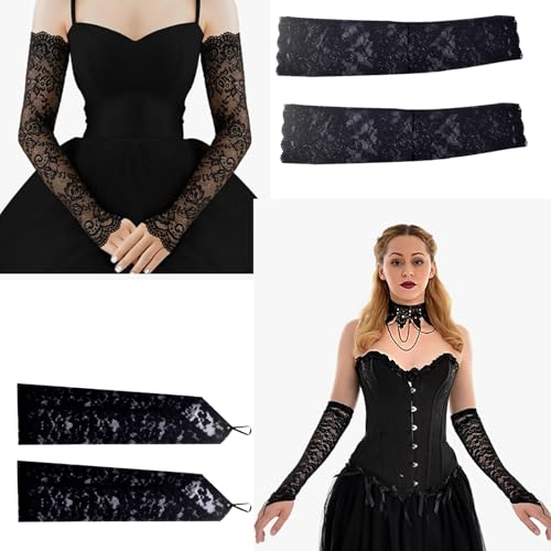 2 Pairs Black Lace Gloves for Women, Long Fingerless Evening Gloves Floral Elbow Length Arm Sleeves for Hallowween, Christmas, Wedding, Bridal, Prom, Y2K, Christmas Party, Burlesque, Gothic Costume3