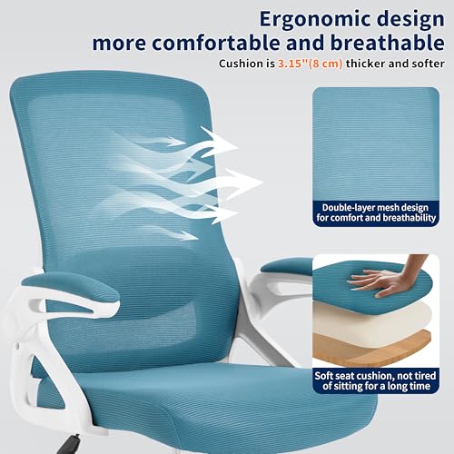 Image of Ergonomic Office Chair, Desk Chair with Adjustable Lumbar Support, Breathable Mesh Comfy Computer Chairs with Flip-up Armrests Executive Task Chair for Adults Home Office (Lake Blue)