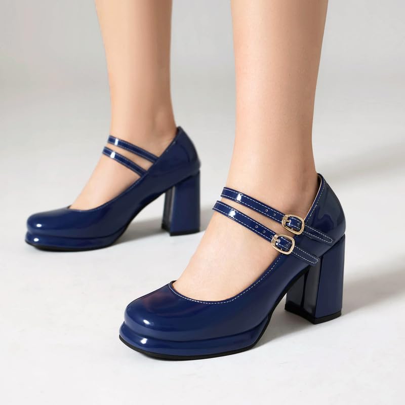 Women's Chunky Heels Platform Mary Janes Square Toe Pumps 3 Strap Patent Leather Block High Heel Dress Shoes3