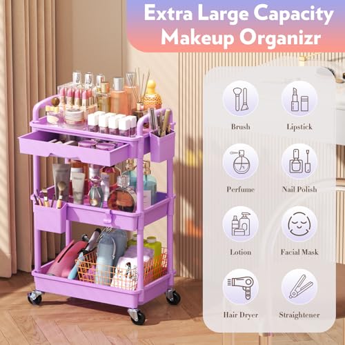 Image of SUNALLY Makeup Cart Organizer with Drawer,3 Tier Rolling Makeup Cart,Purple
