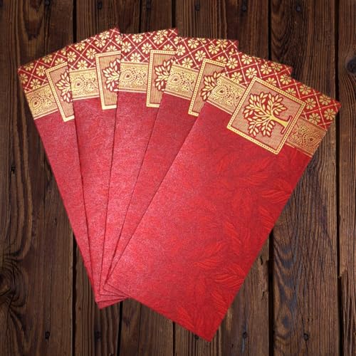 Image of Pack of 25, Rectangle Shape Metallic Paper Shagun Envelopes for Gifting Sagan Lifafa Wedding Occasion Cash Money, 18 X 8 cm, Red Color - Gold Tree Design