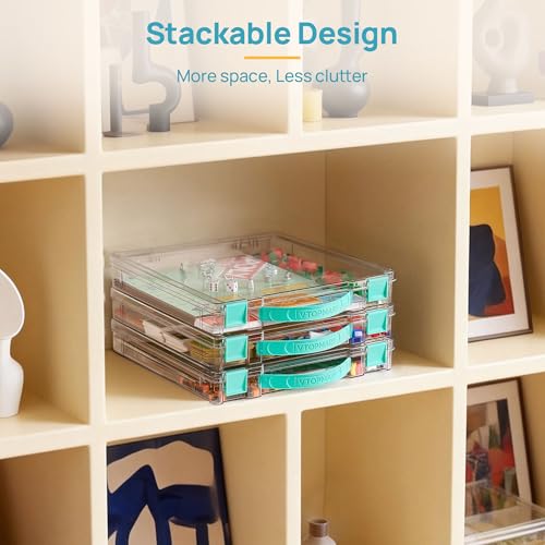 Image of Vtopmart 2 Pack Board Game Storage with Handle and Snap-Tight Latch Lid | Clear Craft Organizer Fit 12 inch x 12 inch Papers, Stackable Storage Box for Scrapbook Storage, Art Supply Storage, Puzzle Storage