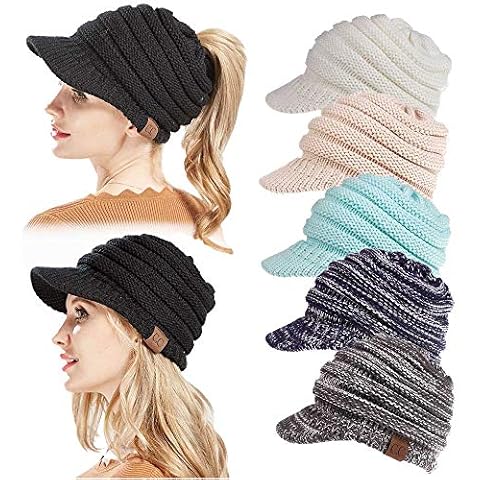 YAMEE Womens Wool Warm Soft Knitting Ponytail Beanie Hat Winter Outdoor Snow Leisure Messy Bun Beanie Hats (Black)(Size: One Size) Cover